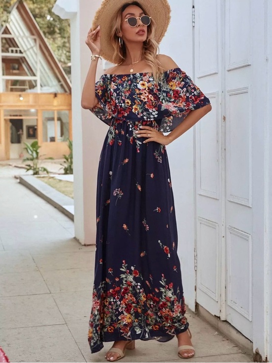 SHEIN Dresses & Skirts - Navy Floral Off-Shoulder Maxi Dress